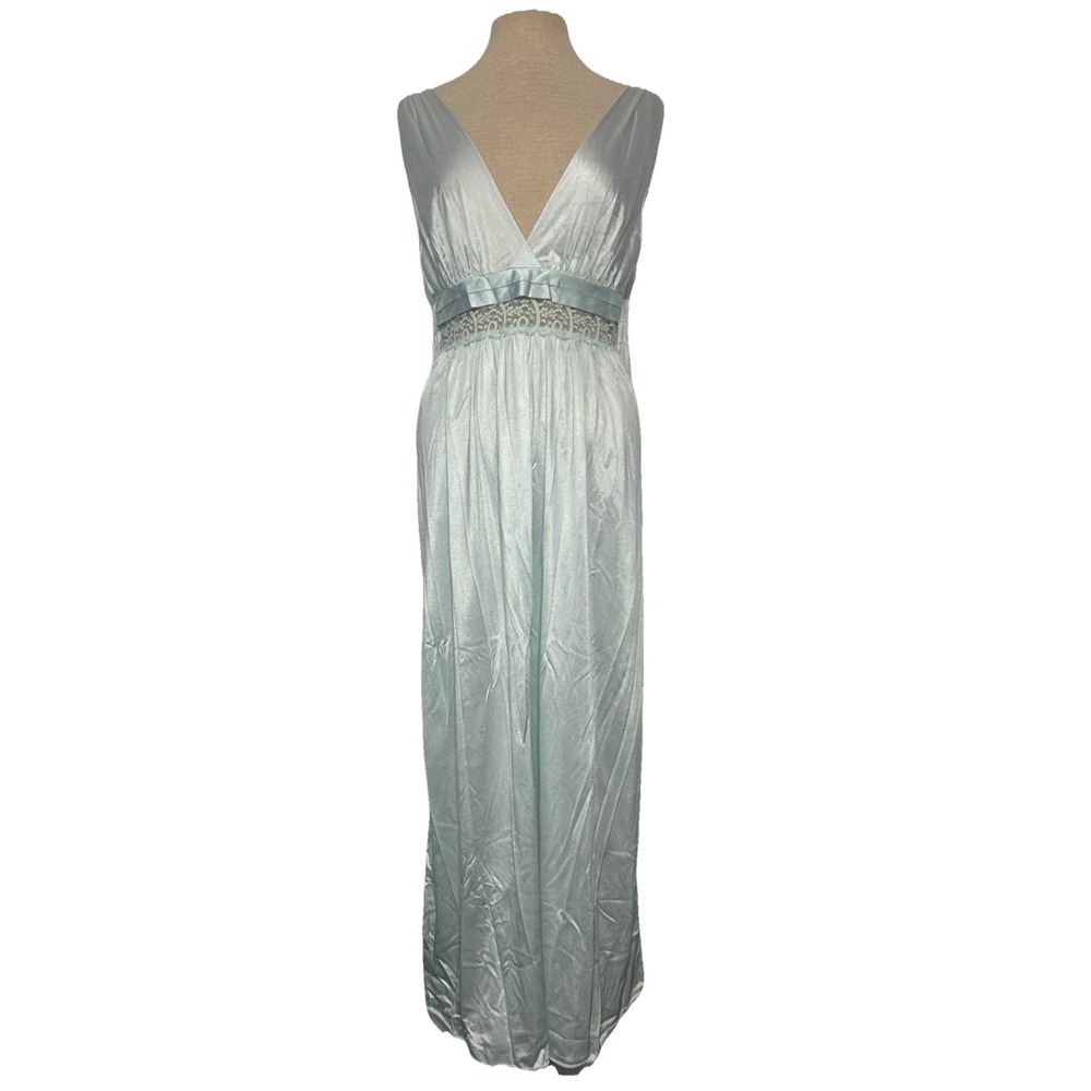 Vtg 70's GILEAD Long Blue Nightgown Sheer Nylon Empire Waist Lace Satin Plunge